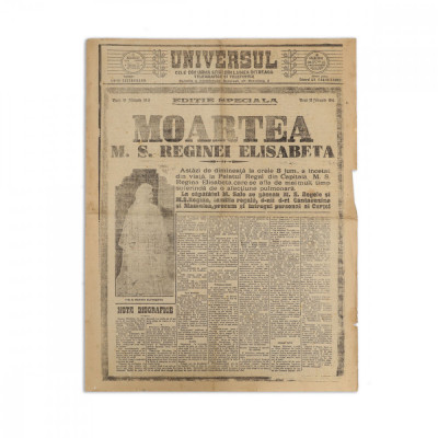 Publicația &amp;bdquo;Universul&amp;rdquo;, 19 februarie 1916, Ediție specială dedicată decesului reginei Elisabeta foto