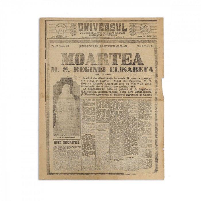 Publicația &bdquo;Universul&rdquo;, 19 februarie 1916, Ediție specială dedicată decesului reginei Elisabeta