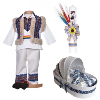 Set botez popular baiat, trusou botez landou, lumanare si costum traditional, foto