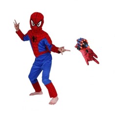 Set costum si manusa lansator cu 7 ventuze din burete SpiderMan, marime 5-7 ani, rosu