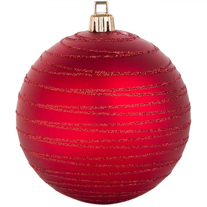 Set Globuri Crăciun, 10 cm, Roșu, Dungi Mat Glitter, 6 Bucăți, Plastic