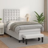 VidaXL Pat box spring cu saltea, alb, 90x190 cm, piele ecologică