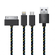 Cablu Textil 3in1 - MicroUSB / Lightning / iPhone 4 (30 Pini) (Negru) 20 cm. foto