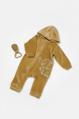 Salopeta Elefant cu maneca lunga si gluga din 80%bumbac organic si 20% poliester - Mustar, BabyCosy (Marime: 3-6 Luni) foto