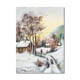 Tablou peisaj de iarna pictat manual, La sanius, 70x50cm ulei pe panza, Constantin Feraru