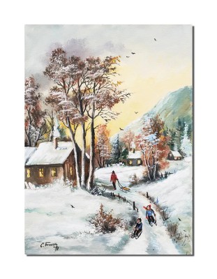 Tablou peisaj de iarna pictat manual, La sanius, 70x50cm ulei pe panza, Constantin Feraru foto