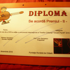 Diploma Premiul II -Fundatia Romana de Chitara- Tinerii Chitaristi E.Pamfil.2019