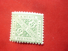 Timbru taxe 1890 Wurtemberg- Cifra ,val.5 pf.verde ,sarniera foto