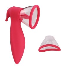 Stimulator 3 in 1, 2 Cupe Incluse, 10 Moduri Vibratii, 10 Moduri Suctiune, 10 Moduri Miscari Limba, Silicon, USB, Rosu, 17.1 cm