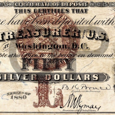 50 dolari 1880 Reproducere Bancnota USD , Dimensiune reala 1:1