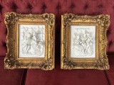 Set de 2 basoreliefuri rococo, baroc | tablou &ndash; figurine &icirc;n praf de marmura, rame sculptate aurii