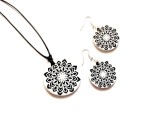 Set bijuterii lemn mandala alb negru 40331, Set bijuterii handmade