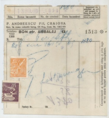 Romania, P. Andreescu Fii, Bon pentru ambalaj, Craiova foto