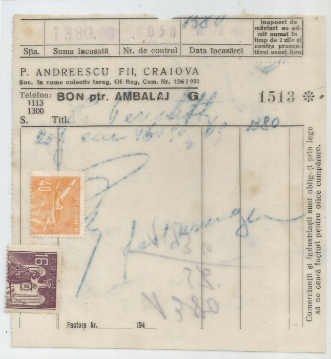 Romania, P. Andreescu Fii, Bon pentru ambalaj, Craiova