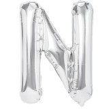 Balon folie metalizata litera n, flippy, 80 cm, umflati cu heliu sau aer, ambalaj individual, pai inclus, argintiu