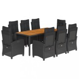 Set mobilier de gradina cu perne, 9 piese, negru, poliratan