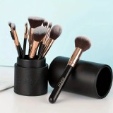 Set 12 pensule machiaj Pretty You, fibre sintetice moi, maner lemn, suport piele PU