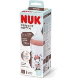 Biberon Perfect Match NUK, cu tetină M din silicon moale, 260 ml, de la 3 luni, fără BPA, Anti-Colici, cu Controlul Temperaturii, model Minnie Mouse
