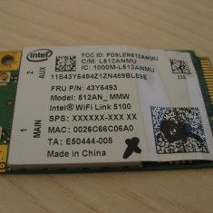 Placa wireless laptop Lenovo ThinkPad SL500, Intel WiFi 5100, 512AN_MMW, 43Y6493