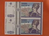2xBancnota 5000 lei 1993 - UNC ++++ serie mica consecutive
