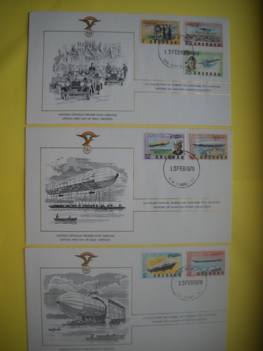 HOPCT PLIC FDC S NR 1025 SET 3 FDC GRENADA -ISTORIA AVIATIEI -FAI -FEDERATIA AERONAUTICA INTERNATIONALA 1978-AVION / AVIATIE