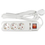 Prelungitor Lohuis 3 prize + 2 x USB, 3 m, 3500W, 3 x 1.5 mmp, contact de protectie, intrerupator, indicator luminos