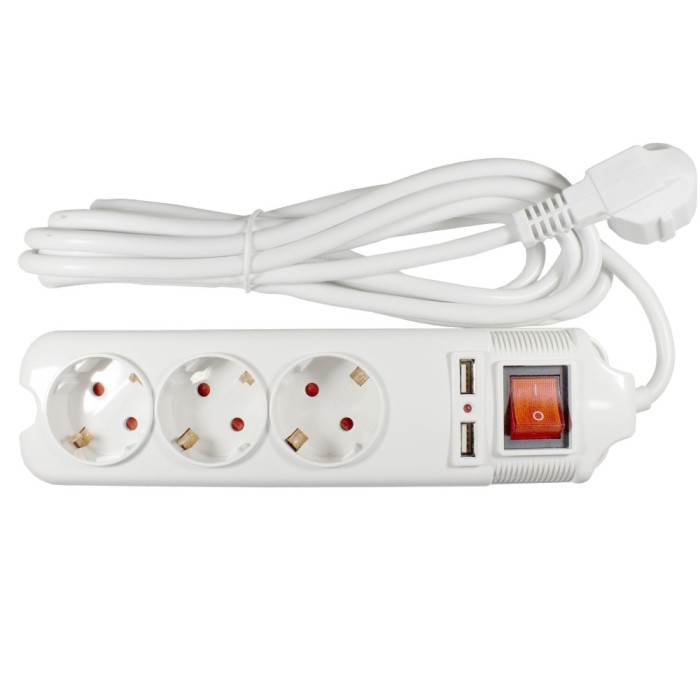 Prelungitor Lohuis 3 prize + 2 x USB, 3 m, 3500W, 3 x 1.5 mmp, contact de protectie, intrerupator, indicator luminos
