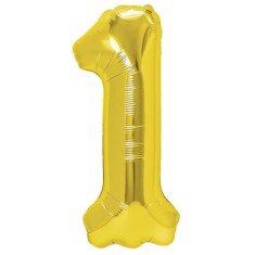 Balon din folie metalizata flippy, figurina cifra, tema aniversare 40 cm, ambalaj individual, pai inclus, umflare cu aer sau heliu, auriu, cifra 1