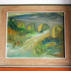 Viaduct - pictura originala ulei pe panza cu passepartout, inramata 64x54cm