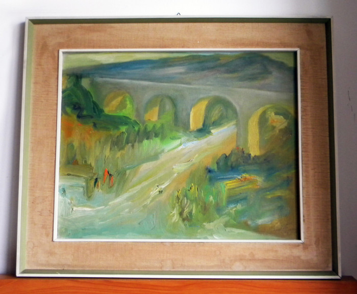 Viaduct - pictura originala ulei pe panza cu passepartout, inramata 64x54cm