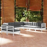 VidaXL Set mobilier de grădină cu perne, 9 piese, alb, lemn masiv pin 3096828