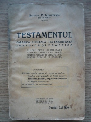 GEORGE P. NEMETESCU - TESTAMENTUL - 1929 foto