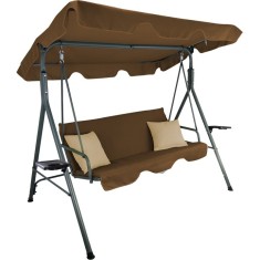 Leagan gradina 3 locuri 170x118x153 cm, cu perne, baldachin reglabil si masute laterale, structura otel, maro Household NewTrend