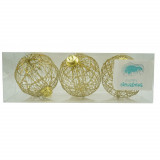 Set de 3 ornamente de brad, Flippy, de tip Glob, Auriu, cu &oslash; de 10 cm, din metal, cu finisaj sclipitor , cutie 10 cm adancime x 30 cm lungime x 10 cm