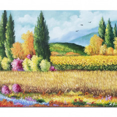 Tablou pictat manual living, dormitor, Peisaj cu lan de grau si floarea soarelui - 70x50cm ulei pe panza, Magistral
