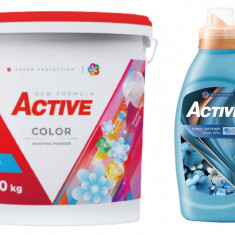 Detergent pudra pentru rufe colorate Active, galeata 10kg, 130 spalari + Balsam de rufe Active Magic Blue, 1.5 litri, 60 spalari