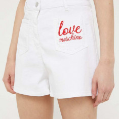 Love Moschino pantaloni scurti jeans femei, culoarea alb, cu imprimeu, high waist