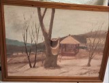 Iarna la Tabăra de la Berzunți, de George Macovei, Uap Bacău, an 1983, Natura, Ulei, Impresionism