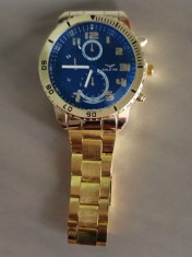 Ceas elegant barbatesc, bratara metalica aurie, mecanism quartz, display analog
