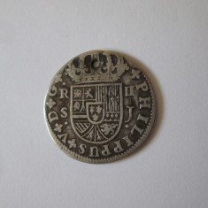 Rară! Spania 2 Reales 1723 Sevilla argint primul tip Felipe V,monedă găurită