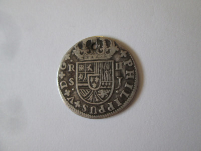 Rară! Spania 2 Reales 1723 Sevilla argint primul tip Felipe V,monedă găurită foto