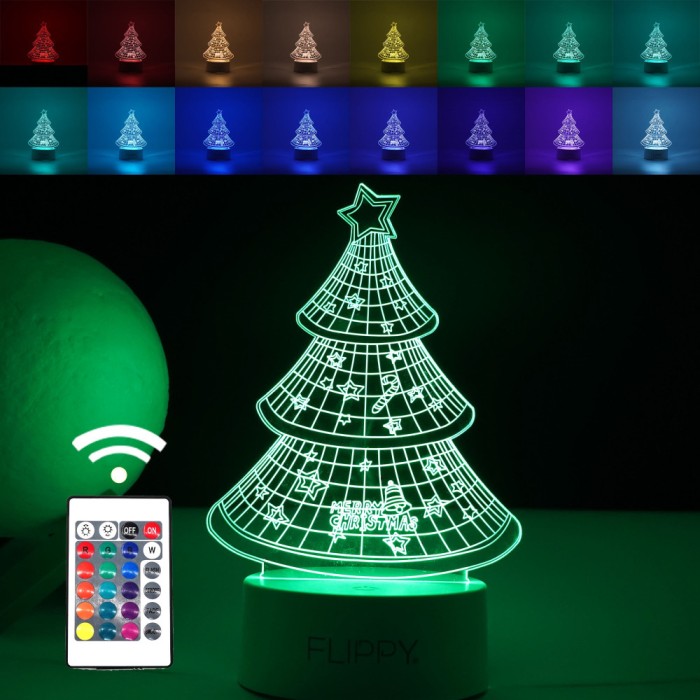 Lampa led decorativa, flippy, 3d, pom de craciun, din material acril si lumina multicolora, alb