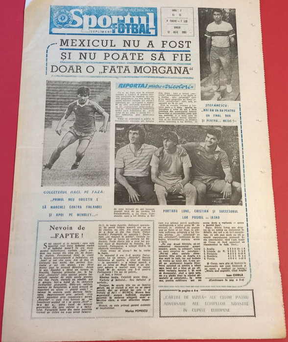 Ziarul Sportul supliment FOTBAL 12.07.1985(comportarea divizionarelor A)