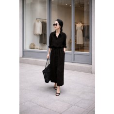 Women's Linen Look Tie-Up Shirt Black Dress