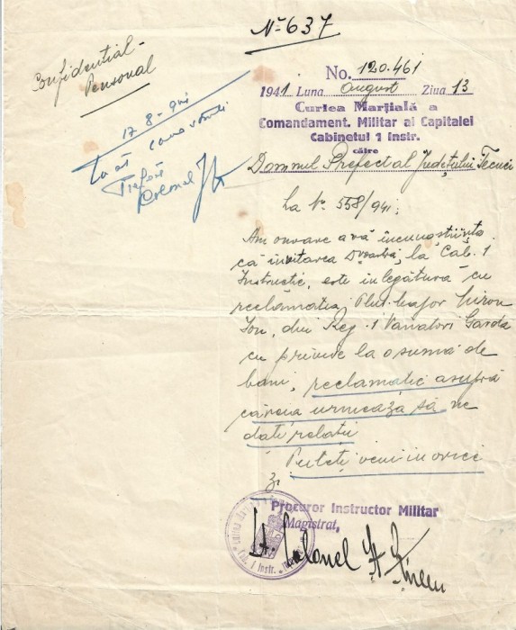 A3638N Act Curtea Marțială a Comandamentului Militar al Capitalei, Cabinetul 1 Instrucție, 1941