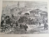 Litografie veche Armata Rusa la Sviștov (Bulgaria), tarani bulgari, Razboi 1877