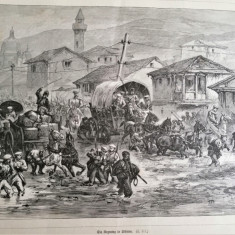 Litografie veche Armata Rusa la Sviștov (Bulgaria), tarani bulgari, Razboi 1877