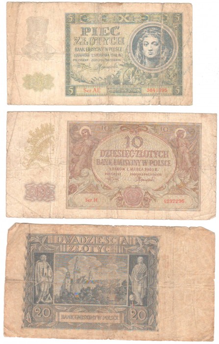 SV * Polonia LOT 5 - 10 - 20 ZLOTI / ZLOTYCH 1941 / 1940 +/- G * ocup. Germania WWII (colturi uzate, nu rupte!)
