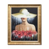 Tablou tanara cu palarie pictat manual inramat, Eleganta, 55x45cm ulei pe panza, rama din lemn auriu antichizat