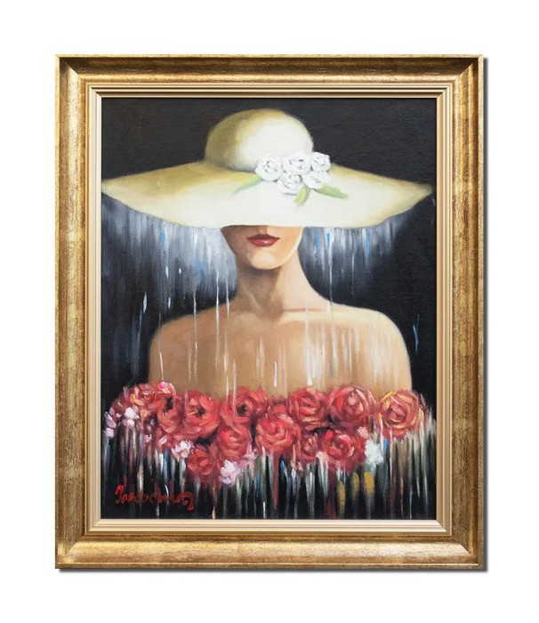 Tablou tanara cu palarie pictat manual inramat, Eleganta, 55x45cm ulei pe panza, rama din lemn auriu antichizat